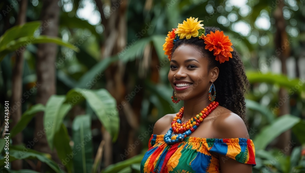 Joyful African American woman wearing a bright colorful national dress ...