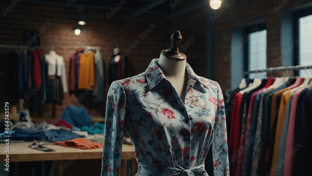 Mannequin and hangers with development materials Design, studio for sewing and cutting clothes, designer clothes, manufacturing, craft product. Mannequin and hangers with development materials Design, studio for sewing and cutting clothes, designer clothes, manufacturing, craft product.