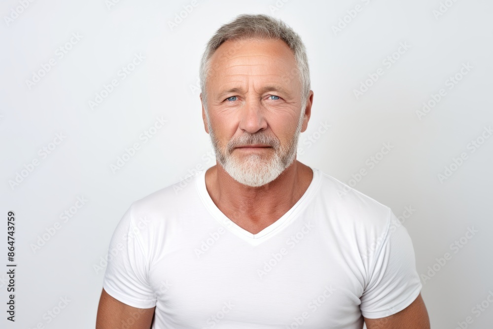 Portrait of a senior man with grey hair and beard in white t-shirt.