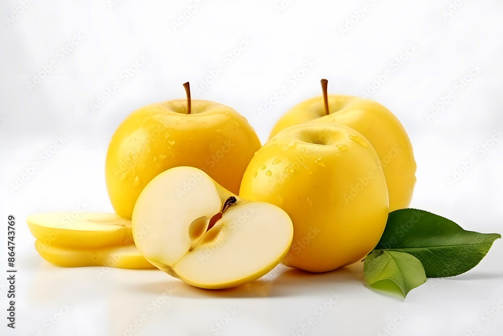 Ripe Yellow Apples With Half of the Apple and Some Green Leaf Isolated on a White Background, a Slice of Apple, Half Cut of Apple Ripe Yellow Apples With Half of the Apple and Some Green Leaf Isolated on a White Background, a Slice of Apple, Half Cut of Apple