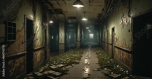 abandoned building hallway hall in mental asylum hospital apartment hotel long corridor ruins. post apocalyptic horror interior ambience. overgrown derelict.