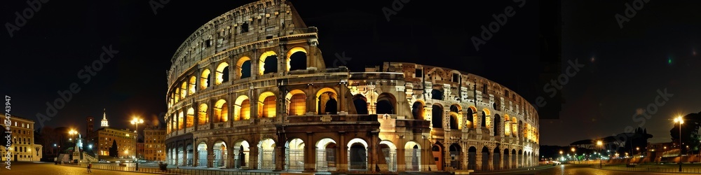 Fototapeta premium The Colosseum illuminated at night: an iconic Italian landmark in Rome. Concept Italy landmarks, night photography, Colosseum, Rome, lighting, travel, exclusive, relaxation, retirement life, generated