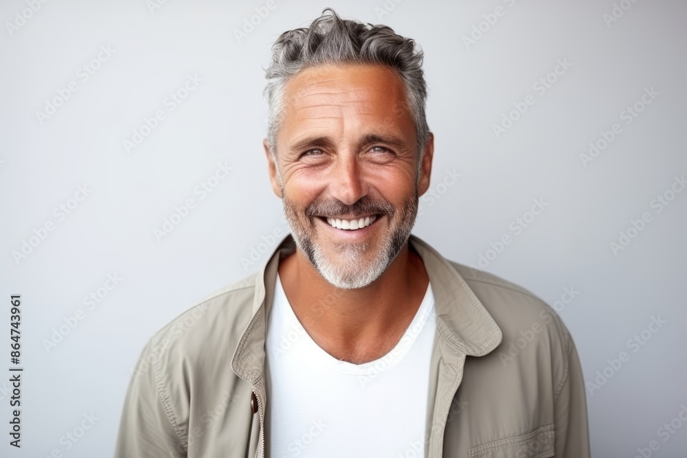Portrait of a happy senior man smiling at the camera over grey background