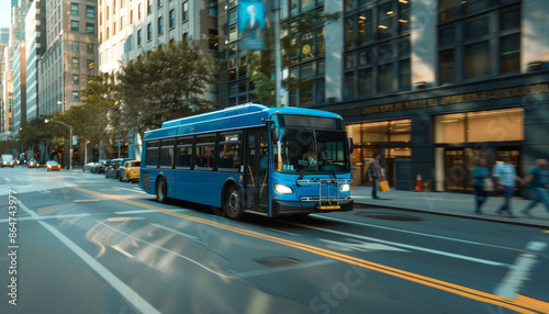 A blue bus is driving down a city street by AI generated image