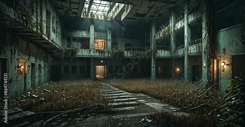 abandoned building interior. decayed overgrown post apocalyptic ruins of hospital asylum school lobby and hallways. horror ambience.
