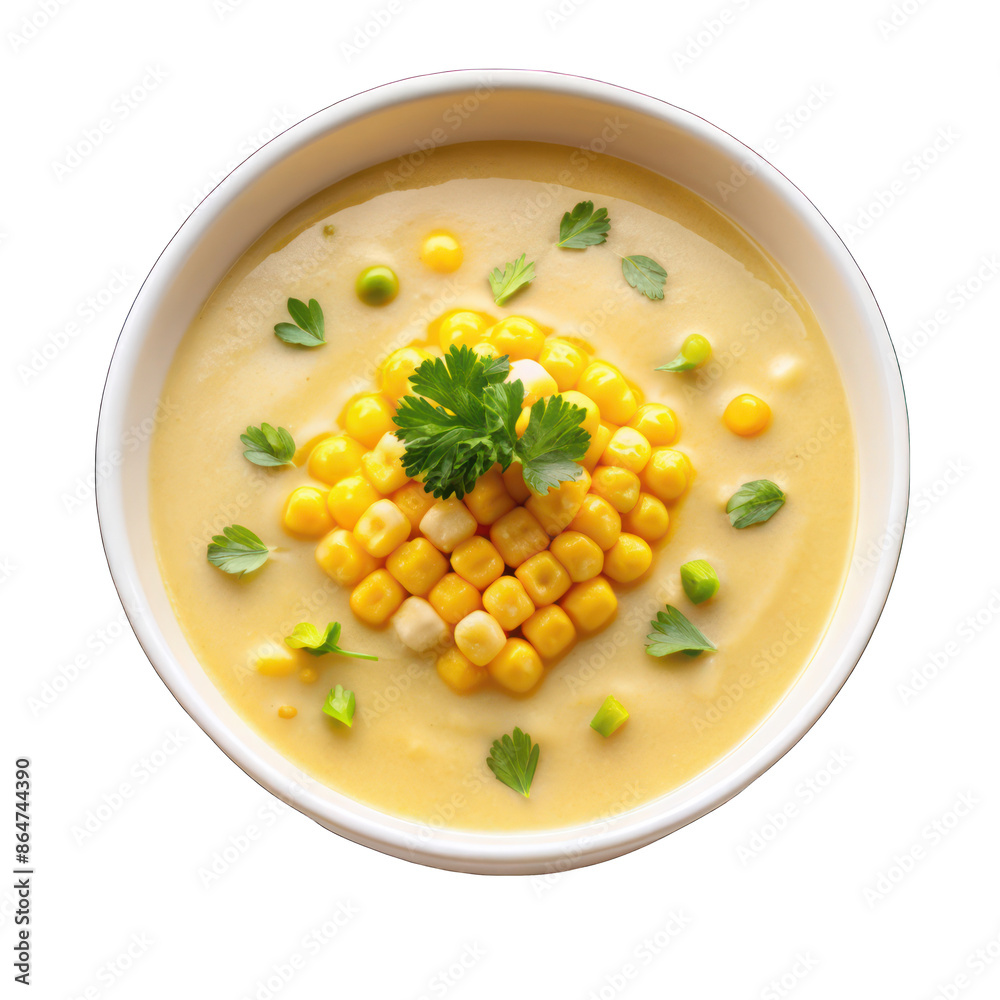 Creamed corn soup on white bowl top view isolated on transparent background Creamed corn soup on white bowl top view isolated on transparent background