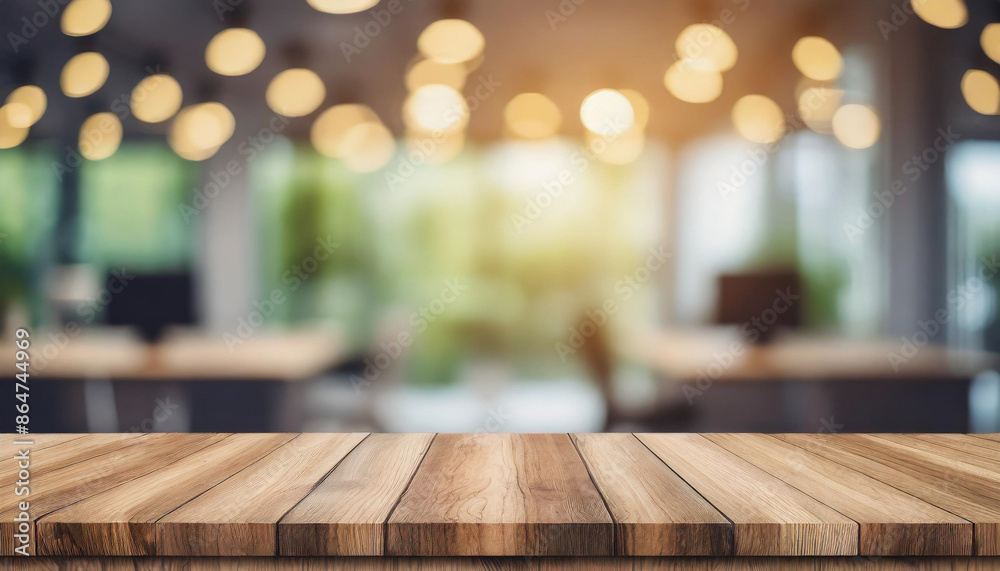 Wooden table top with a blurred bokeh office interior in the background. Perfect for display, product placement, or advertising. Bright, modern workspace ambiance with a professional feel Wooden table top with a blurred bokeh office interior in the background. Perfect for display, product placement, or advertising. Bright, modern workspace ambiance with a professional feel