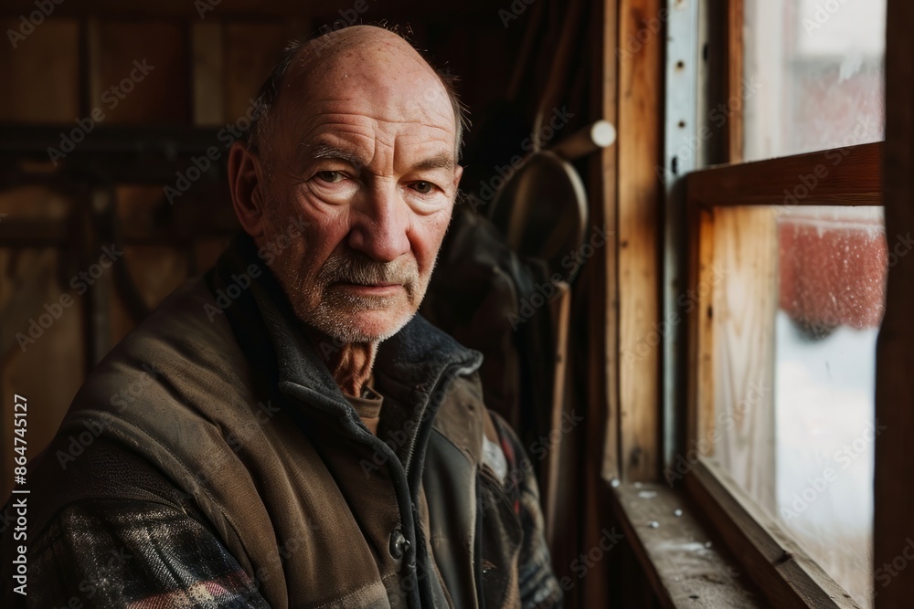 Portrait of an old man in the old house on the background of the window.