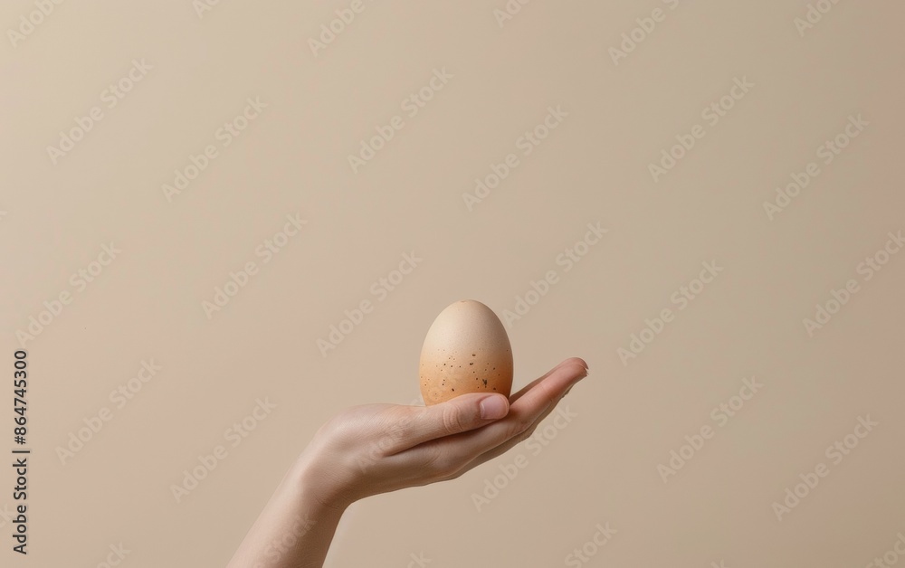 Woman's Fair Hand Eloquently Presenting a Brown Egg Against a Soft Beige Background, Minimalist Advertisement Concept, Bright Daylight Woman's Fair Hand Eloquently Presenting a Brown Egg Against a Soft Beige Background, Minimalist Advertisement Concept, Bright Daylight