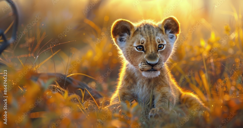 Obraz premium A Young Lion Cub In Grassy African Savanna At Sunset