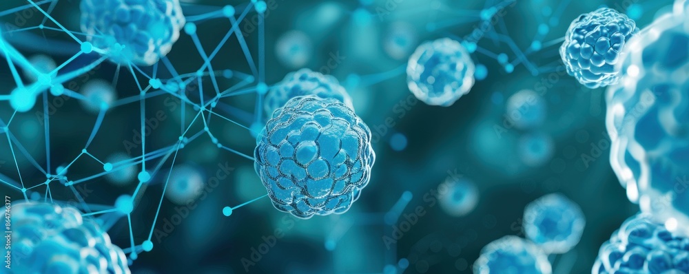 Abstract 3D Rendering of Blue Cells Connected by Network. Medical ...