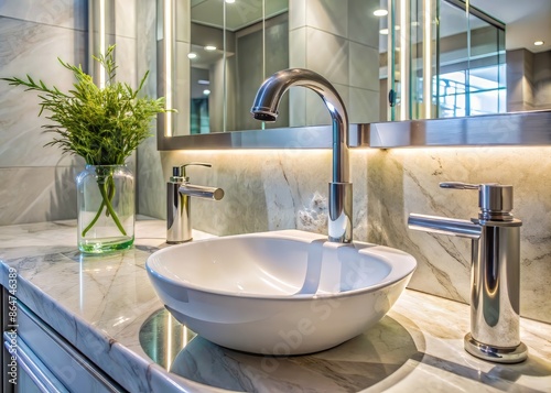 Modern bathroom sink with chrome faucet and mirror reflection, clean washbasin, sparkling water droplets, and subtle soap dispenser against a white marble counter backdrop. photo