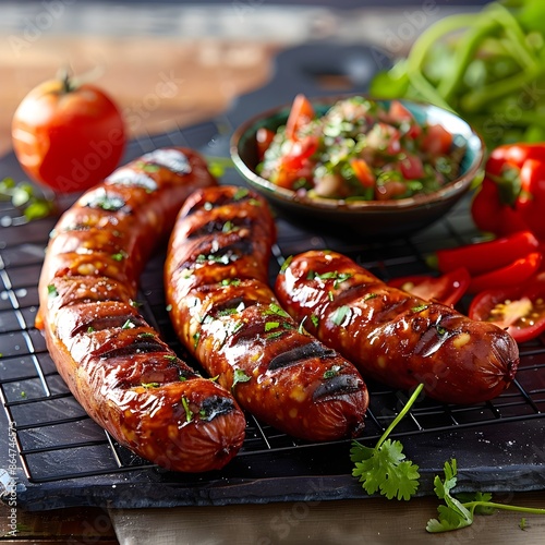Delicious Grilled Argentinian Chorizo Sausages,  barbecue with chimichurri salsa and parsley