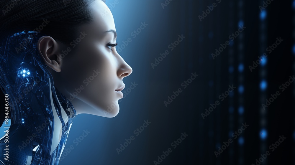 Close-up Profile of a Female Cyborg with a Futuristic Blue Glow Close-up Profile of a Female Cyborg with a Futuristic Blue Glow
