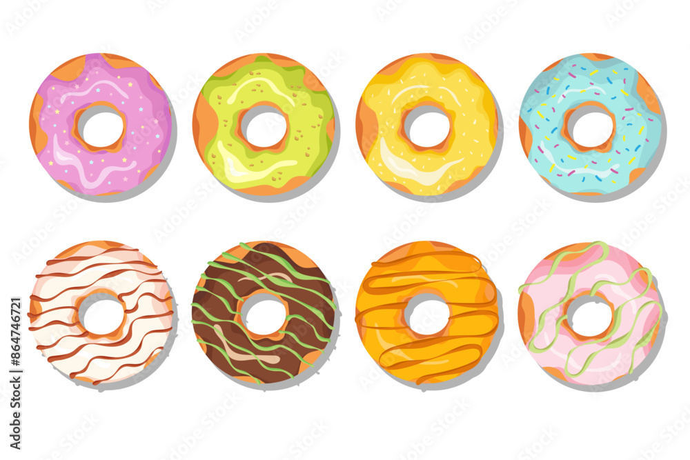 Set of yummy donuts with colorful glaze. Elements for design of cafe, menu, promo banner. Vector illustration. Set of yummy donuts with colorful glaze. Elements for design of cafe, menu, promo banner. Vector illustration.