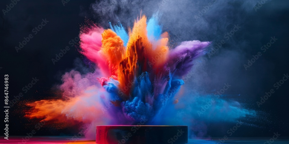 A black podium set against the dynamic backdrop of a full-color explosion, ideal for showcasing products or event displays with vibrant energy A black podium set against the dynamic backdrop of a full-color explosion, ideal for showcasing products or event displays with vibrant energy