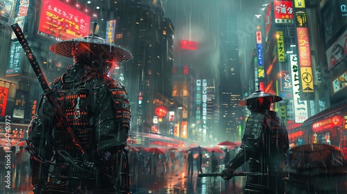 Cyberpunk samurais standing in neon-lit city street during rain, creating a futuristic and dystopian atmosphere at night. photo