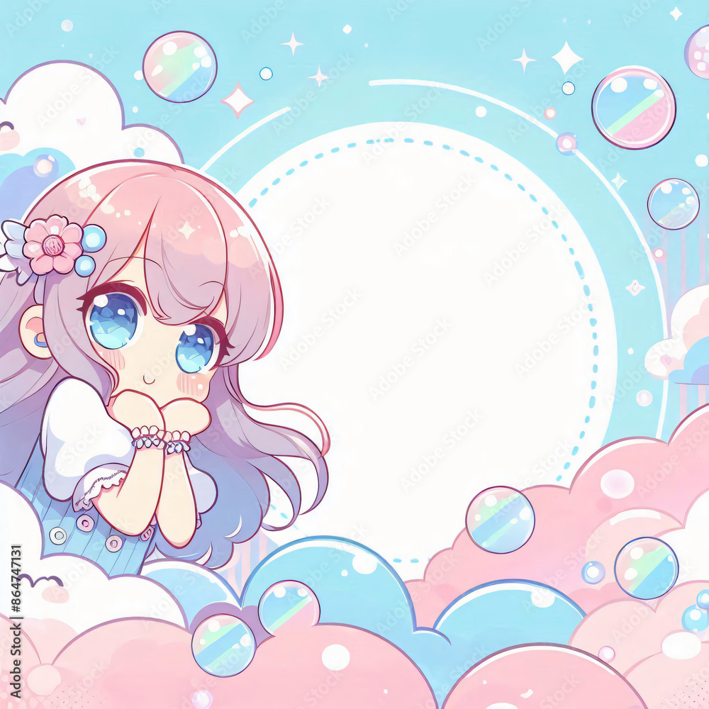 Cute anime girl with pink hair and blue eyes, surrounded by clouds and rainbow bubbles, background with copy space text for website, app, presentation, and social media. Cute anime girl with pink hair and blue eyes, surrounded by clouds and rainbow bubbles, background with copy space text for website, app, presentation, and social media.