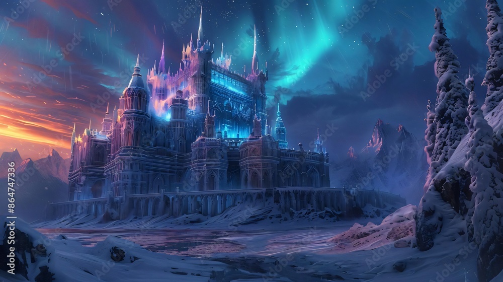 Fototapeta premium Magical ice castle under the northern lights in a winter wonderland, creating a fantasy scene with a glowing, mystical atmosphere.