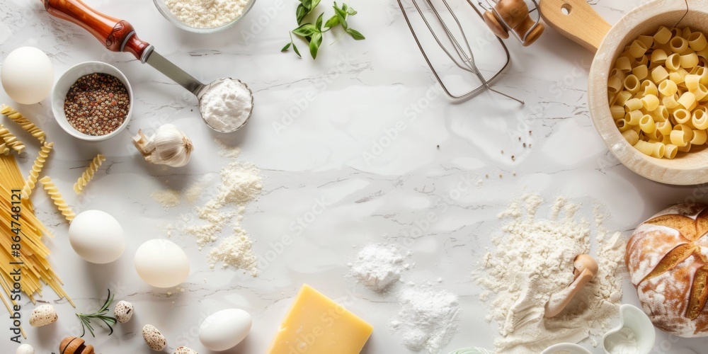 A flat lay arrangement of baking ingredients on a kitchen counter, with a central space left open for text or captions A flat lay arrangement of baking ingredients on a kitchen counter, with a central space left open for text or captions