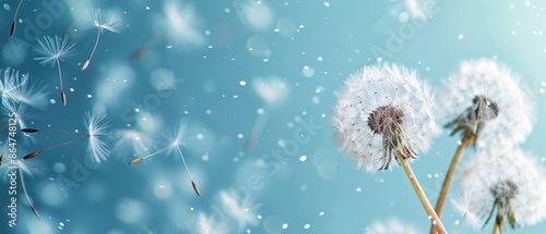 Dandelion seeds in gentle motion, mesmerizing bokeh, blue background, ample space for text, peaceful and airy