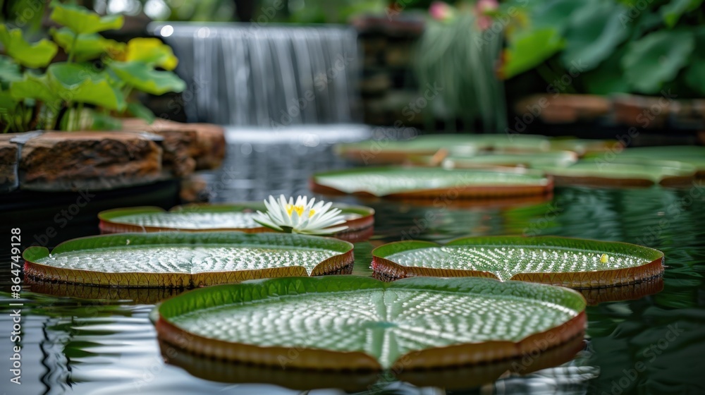 Floating water gardens with serene lily pads and minimalist background, showcasing nature's elegance on a tranquil water surface. Floating water gardens with serene lily pads and minimalist background, showcasing nature's elegance on a tranquil water surface.