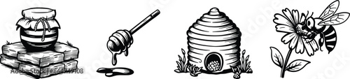 Set of honey bee, Jar with cloth and rope, bee, field flowers, spoon, vector illustration.