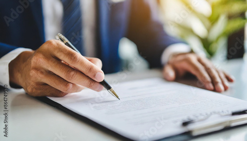 handshake over a business contract, symbolizing agreement, partnership, and trust in a professional setting. The macro focus highlights the hands, emphasizing the importance of the deal