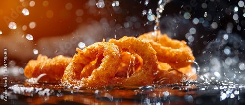 Deep fryer with hot oil, golden onion rings, detailed sizzling bubbles, crispy snacks, culinary close-up, frying scene photo