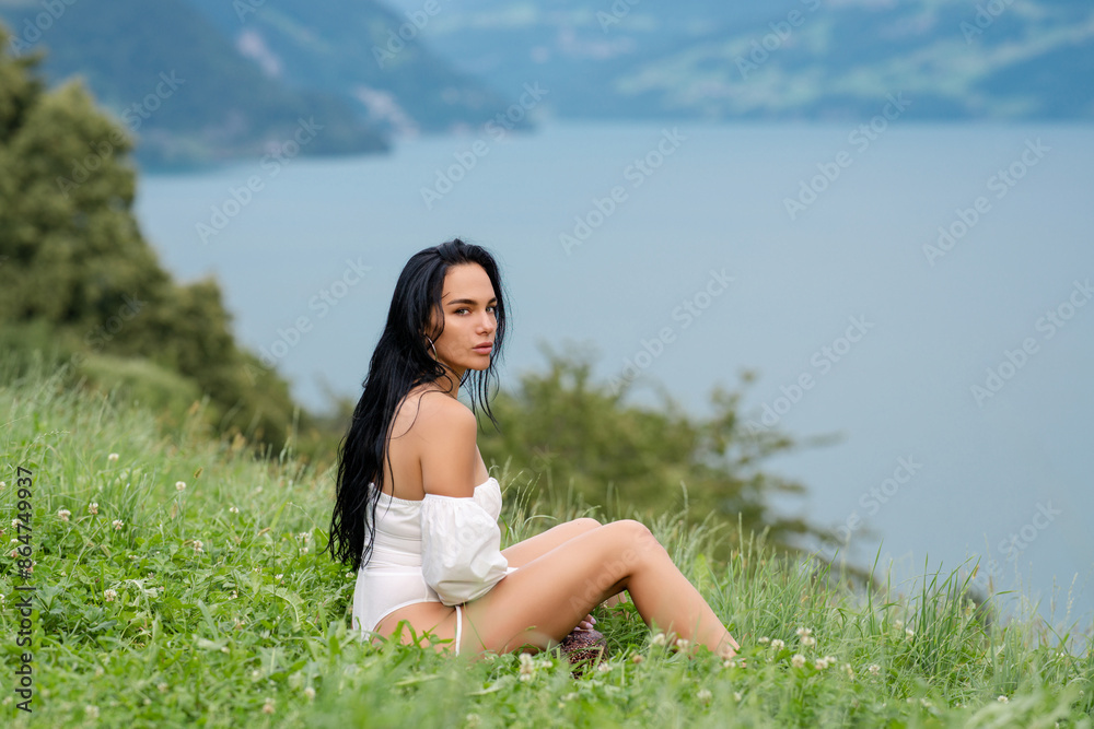 Beautiful carefree woman in fields. Romantic portrait of charming girl on the farm. Photo of sexy young woman enjoy outdoors outside nature. Sexy woman in a country. Sensual woman near Swiss Alps. Beautiful carefree woman in fields. Romantic portrait of charming girl on the farm. Photo of sexy young woman enjoy outdoors outside nature. Sexy woman in a country. Sensual woman near Swiss Alps.