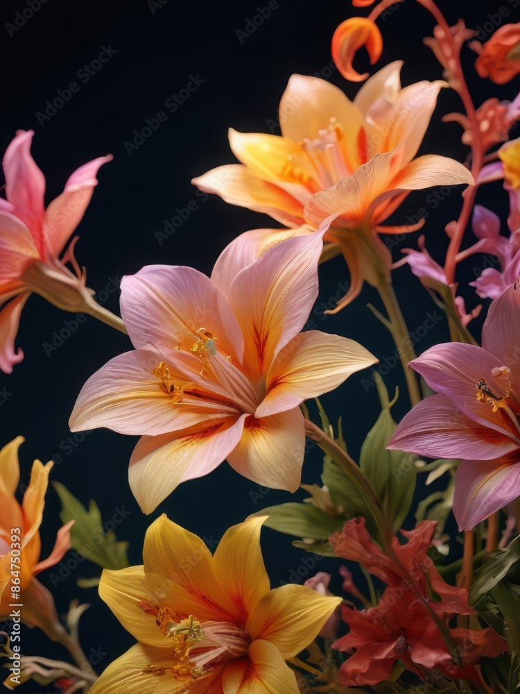 Closeup of Colorful Lilies with Black Background. Closeup of Colorful Lilies with Black Background.