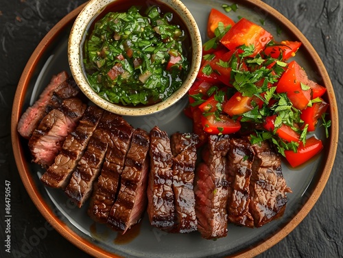 Tasty Beef Steak Sliced Argentinian Parrilla Barbecue with chimichurri salsa and fresh tomatoes