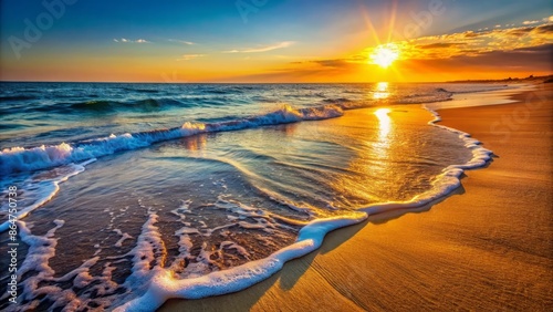 Warm sunlight casts a serene glow on gentle sea foam waves gently lapping at the empty shoreline on a tranquil summer day. photo