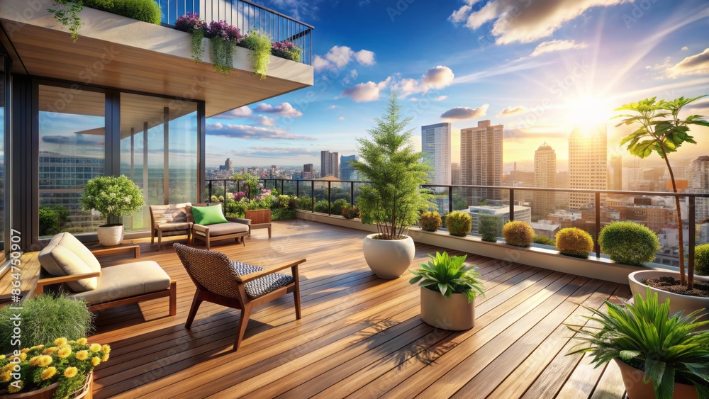 Sunny stylish balcony boasts modern wood deck flooring, green potted flowers, cozy outdoors furniture, and a serene city view.