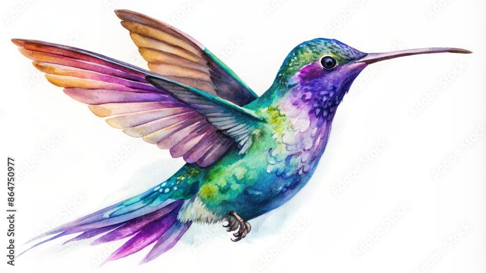 Vibrant abstract watercolor depiction of an isolated small flying blue hummingbird, namely violet sabrewing, against a pristine white backdrop. Vibrant abstract watercolor depiction of an isolated small flying blue hummingbird, namely violet sabrewing, against a pristine white backdrop.