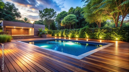 Serenely lit, sleek, and modern empty wooden deck surrounds a sparkling blue swimming pool amidst lush greenery backdrop.