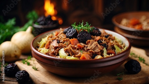 Traditional dish of polish cuisine - Bigos from fresh cabbage, meat and prunes Top view with copy space Banner format. photo