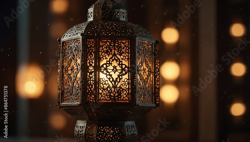 An ornate Arabic lantern casts a warm glow, symbolizing tradition and beauty in a tapestry of cultural heritage. photo