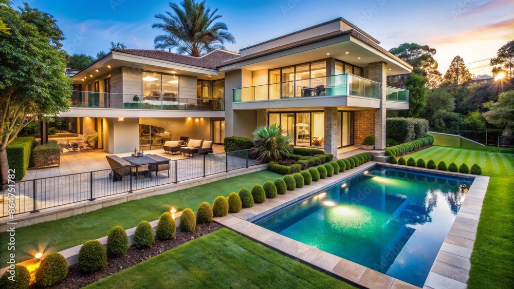 Luxurious multi-level residence boasts expansive balcony, sparkling pool, and meticulously groomed lawn surrounded by lush greenery and serene ambiance. Luxurious multi-level residence boasts expansive balcony, sparkling pool, and meticulously groomed lawn surrounded by lush greenery and serene ambiance.