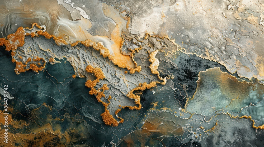 Fototapeta premium A painting of a rocky shoreline with a blue and white background