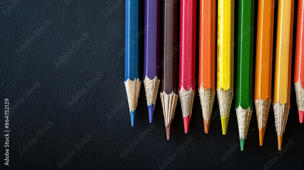 A series of colored pencils lined up on a black background A series of colored pencils lined up on a black background