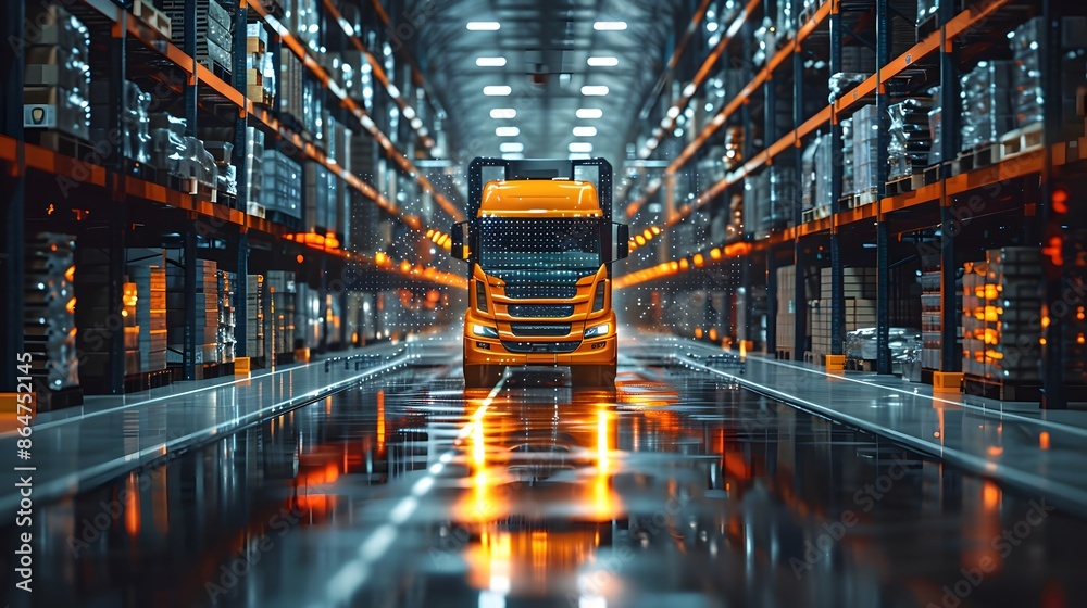 Futuristic logistics with an AI-controlled forklift using augmented reality holograms for storage management in a high-tech warehouse Futuristic logistics with an AI-controlled forklift using augmented reality holograms for storage management in a high-tech warehouse