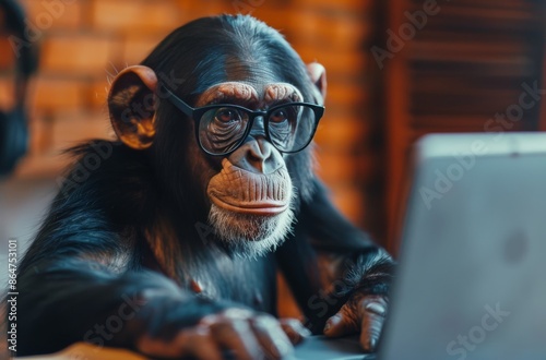 Chimpanzee Working on Laptop in a Cafe