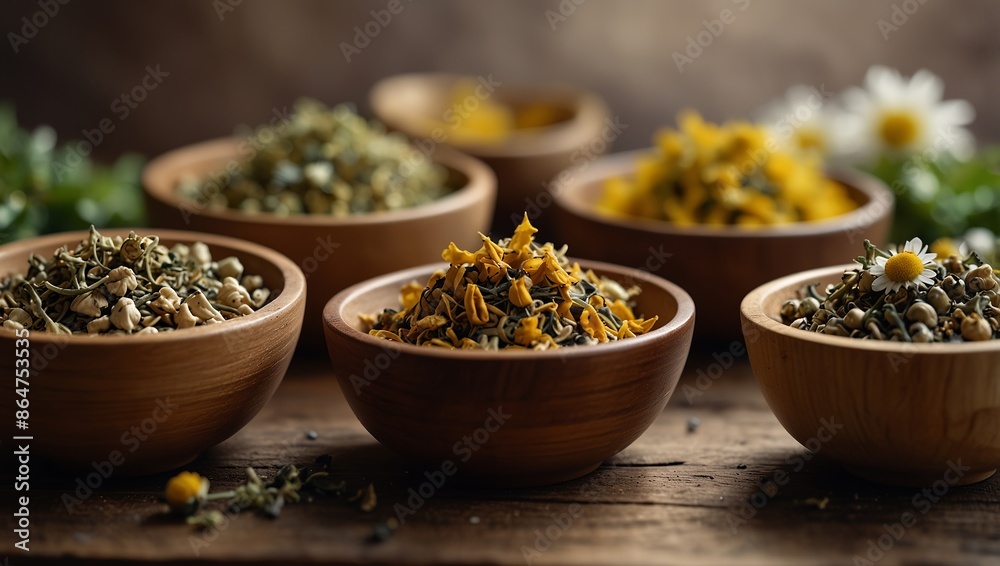 assortment of dry tea in wooden bowls, healing herbs in with chamomile and essentials, panorama backgrounds banner. assortment of dry tea in wooden bowls, healing herbs in with chamomile and essentials, panorama backgrounds banner.
