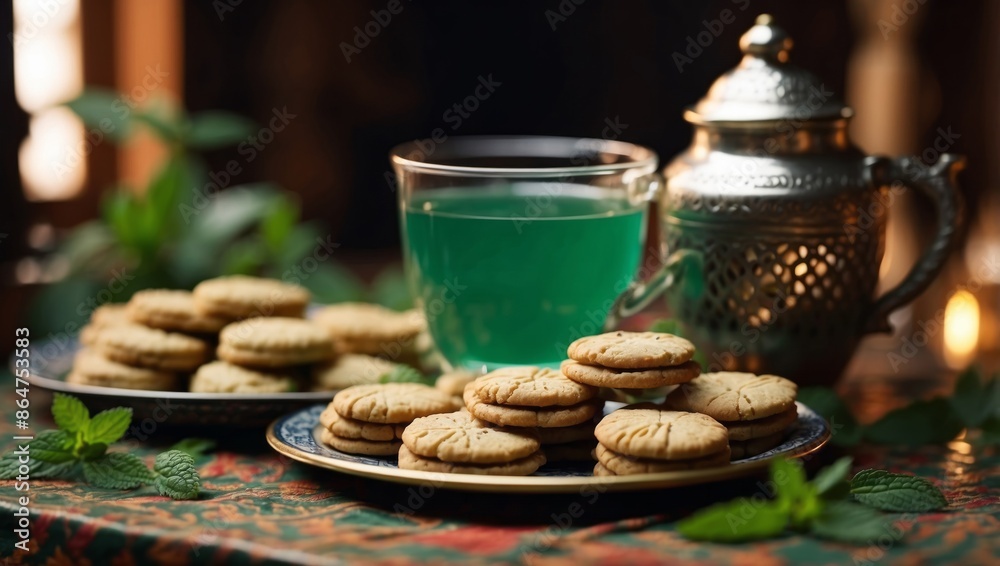Fototapeta premium Traditional Moroccan cookies and mint tea.