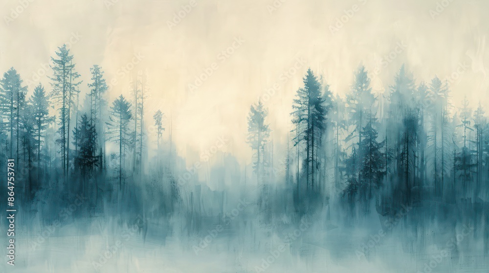 A painting of a forest with trees and a misty sky A painting of a forest with trees and a misty sky