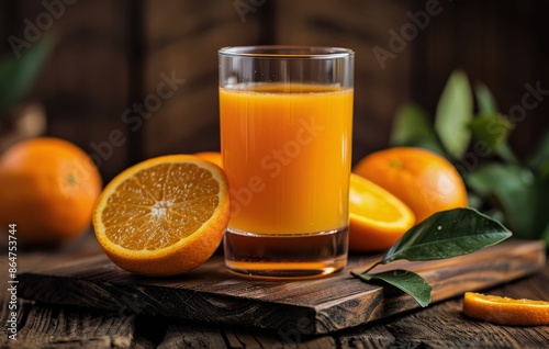 Glass of Fresh Orange Juice With Slices on Wooden Table