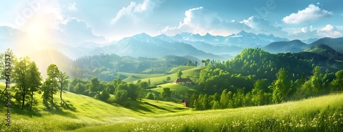 landscape with grass Beautiful green landscape with mountains and meadow in springtime, panoramic view. A photo of an idyllic countryside scene with rolling hills covered in lush grasses, and trees. 