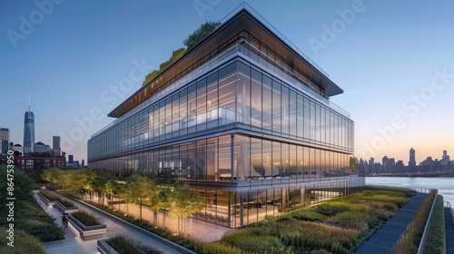A large glass building with a green roof and a view of the water © Charoen