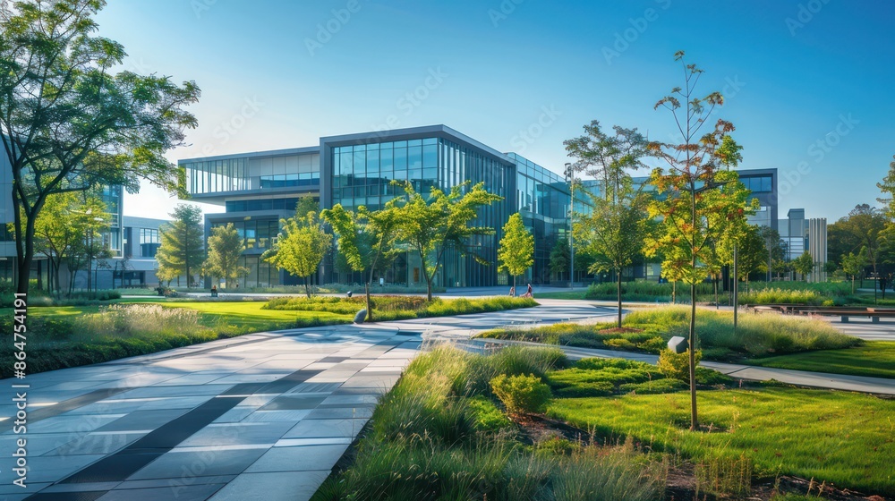 Fototapeta premium A large building with a green roof and a courtyard in front of it